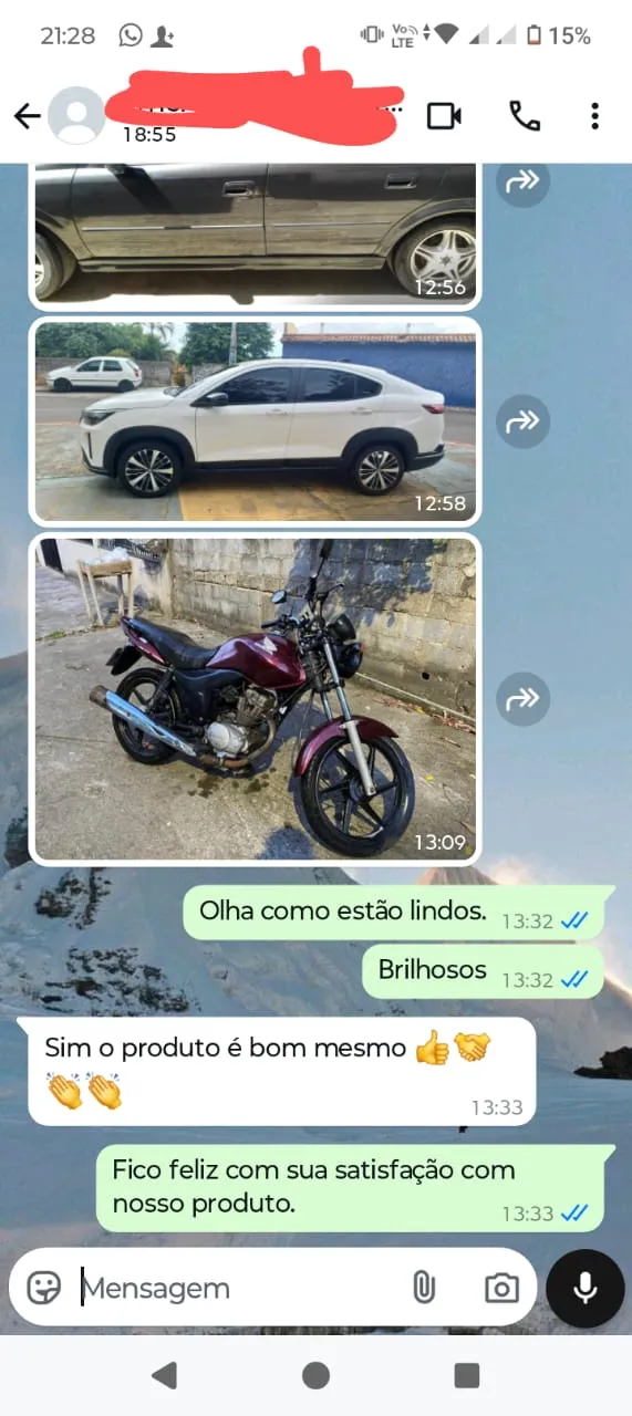 Feedback no WhatsApp sobre a Resina Extreme em carros e moto